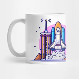 Space Shuttle Taking Off with Tower, Satellite and Mountain Cartoon Vector Icon Illustration Mug